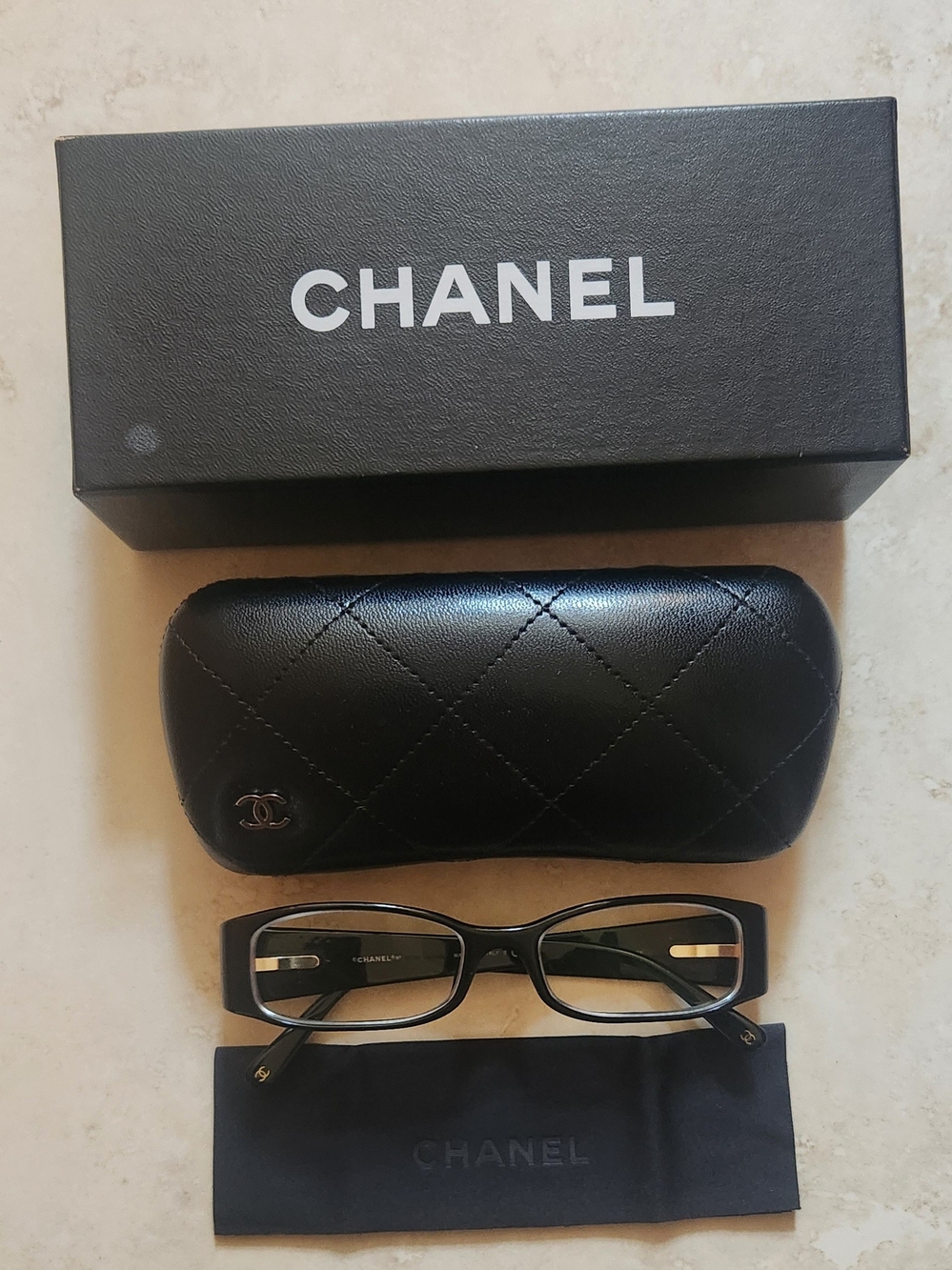 CHANEL Black Quilted Eyewear with Matching Black Case